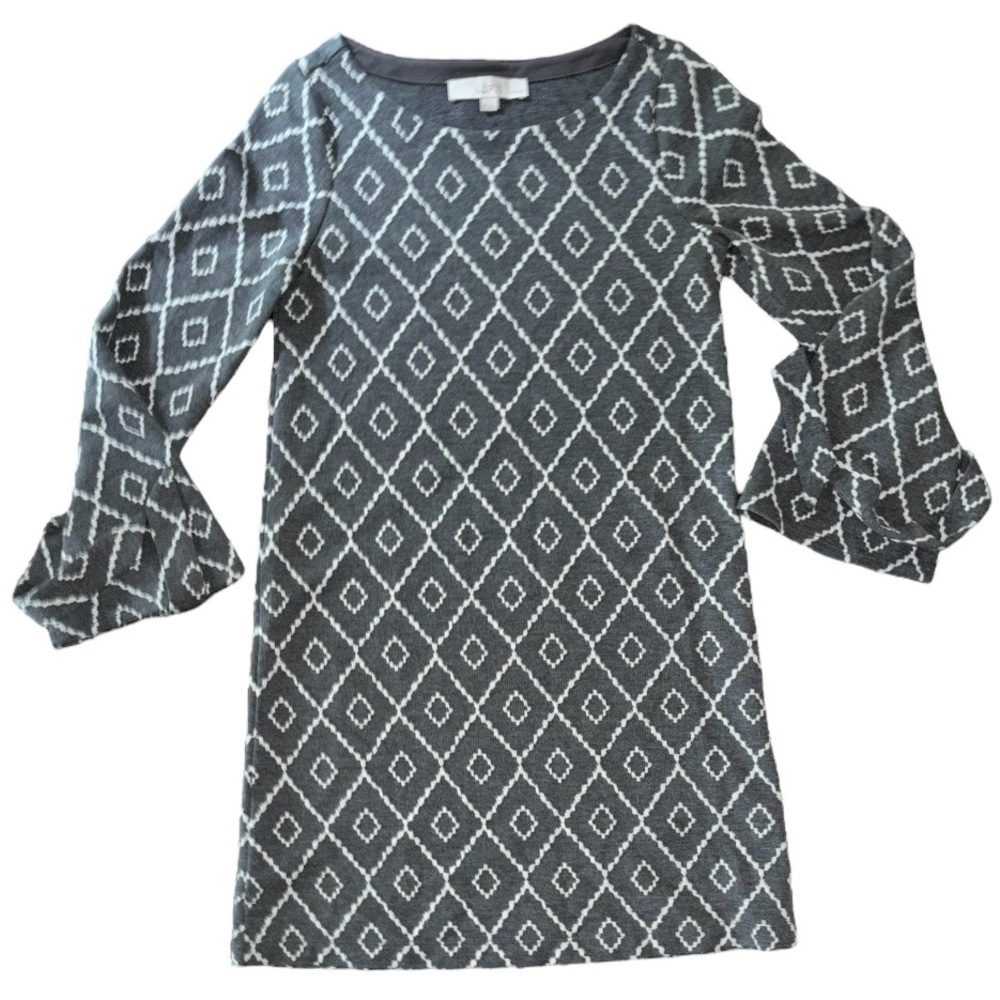 LOFT Petites Gray with White Diamond Pattern Shift Mini Dress